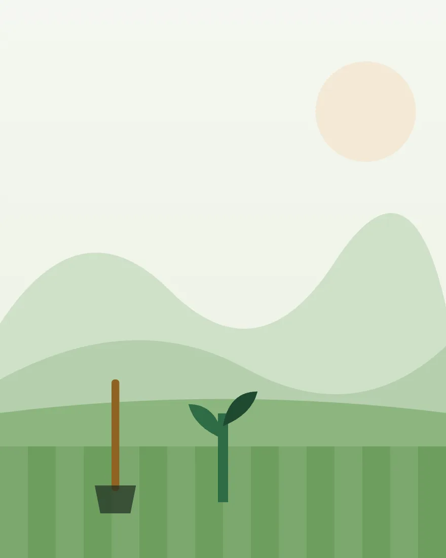 Ilustración de un brote nuevo junto a una pala de jardinero