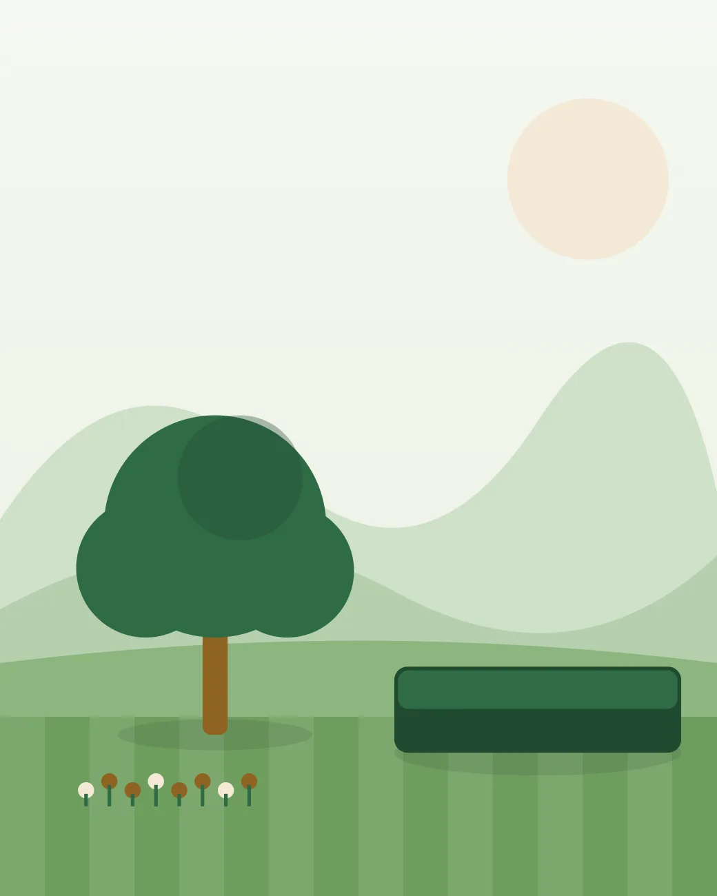 Ilustración de un jardín mediterráneo con árbol, seto y flores